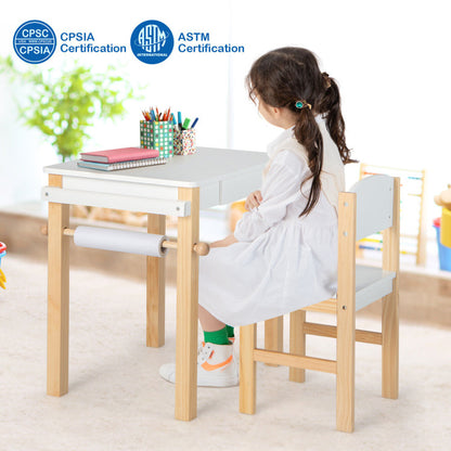 Kids Art Table and Chair Set with Drawer Paper Roll and 2 Markers