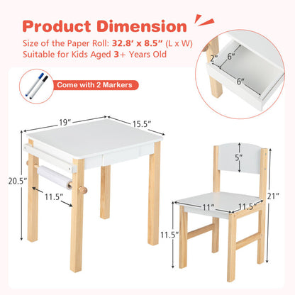 Kids Art Table and Chair Set with Drawer Paper Roll and 2 Markers