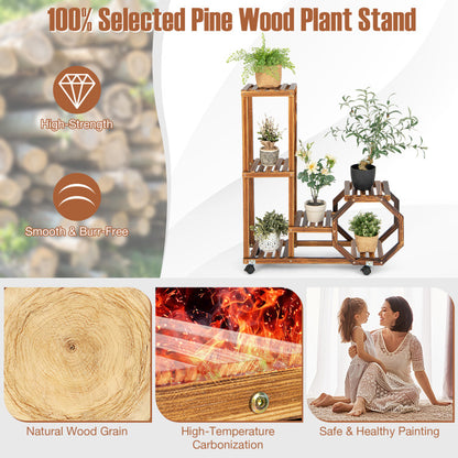 6-Layer Wooden Plant Stand with Wheels for 6 Pots