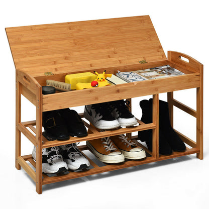 3-Tier Bamboo Shoe Bench Entryway Storage Rack with Openable Seat