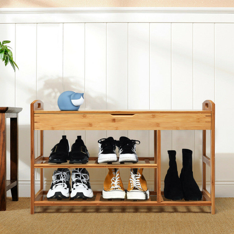 3-Tier Bamboo Shoe Bench Entryway Storage Rack with Openable Seat