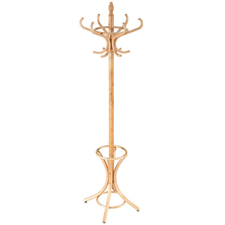 Wooden Standing Coat Rack Tree with 12 Hooks and Umbrella Stand