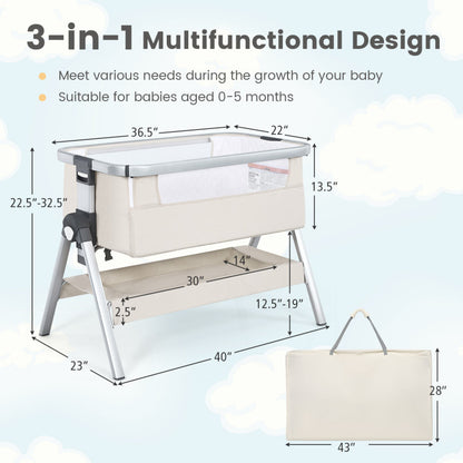 Baby Bedside Bassinet with Storage Basket and Wheels