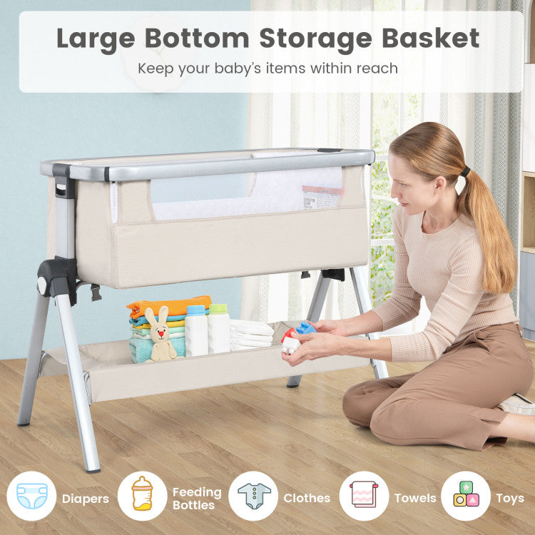 Baby Bedside Bassinet with Storage Basket and Wheels