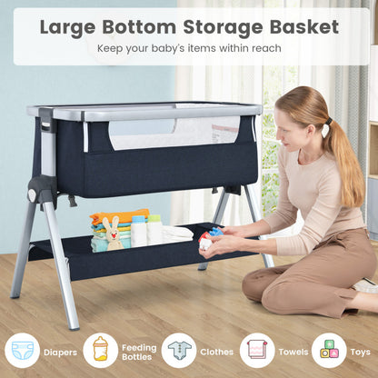 Baby Bedside Bassinet with Storage Basket and Wheels