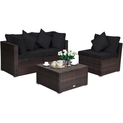 4 Piece Patio Rattan Furniture Set with Removable Cushions and Pillows