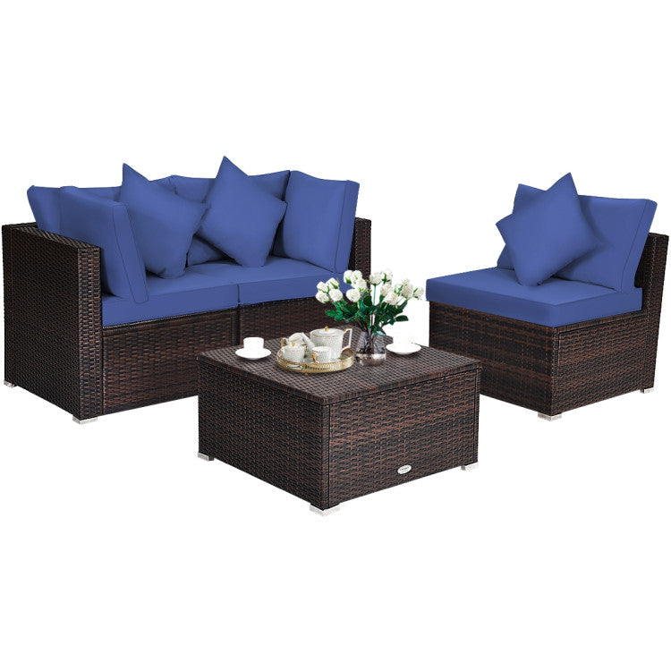 4 Piece Patio Rattan Furniture Set with Removable Cushions and Pillows