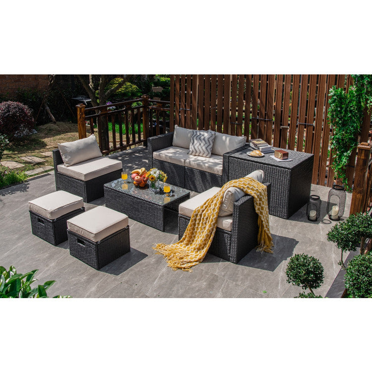 8-Piece Patio Furniture Set with Storage Box and Waterproof Cover