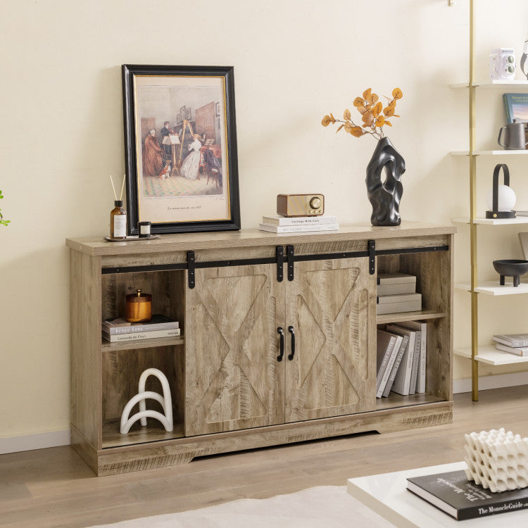 Farmhouse Entertainment Center with Adjustable Shelves and Storage Cabinet