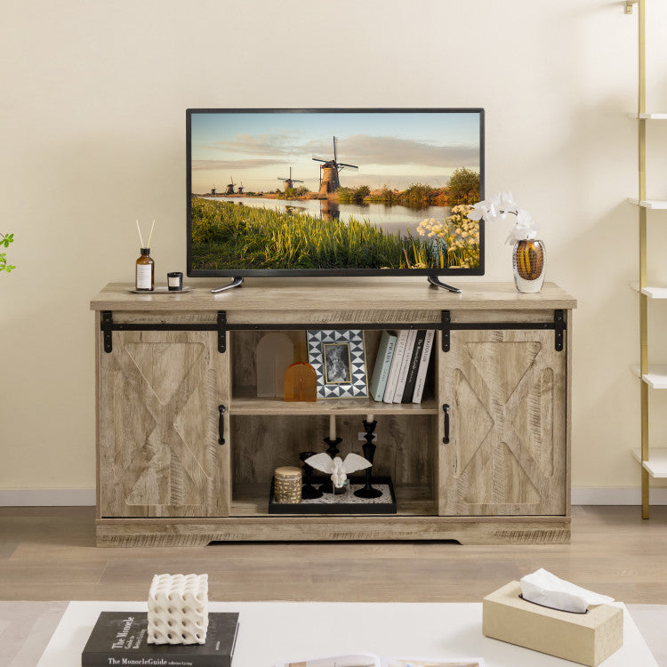 Farmhouse Entertainment Center with Adjustable Shelves and Storage Cabinet