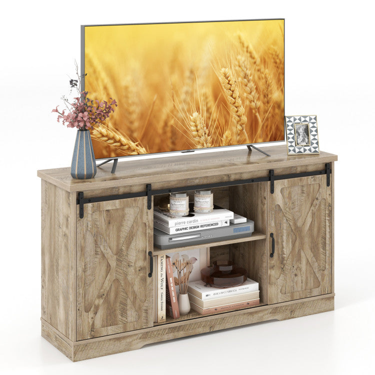 Farmhouse Entertainment Center with Adjustable Shelves and Storage Cabinet