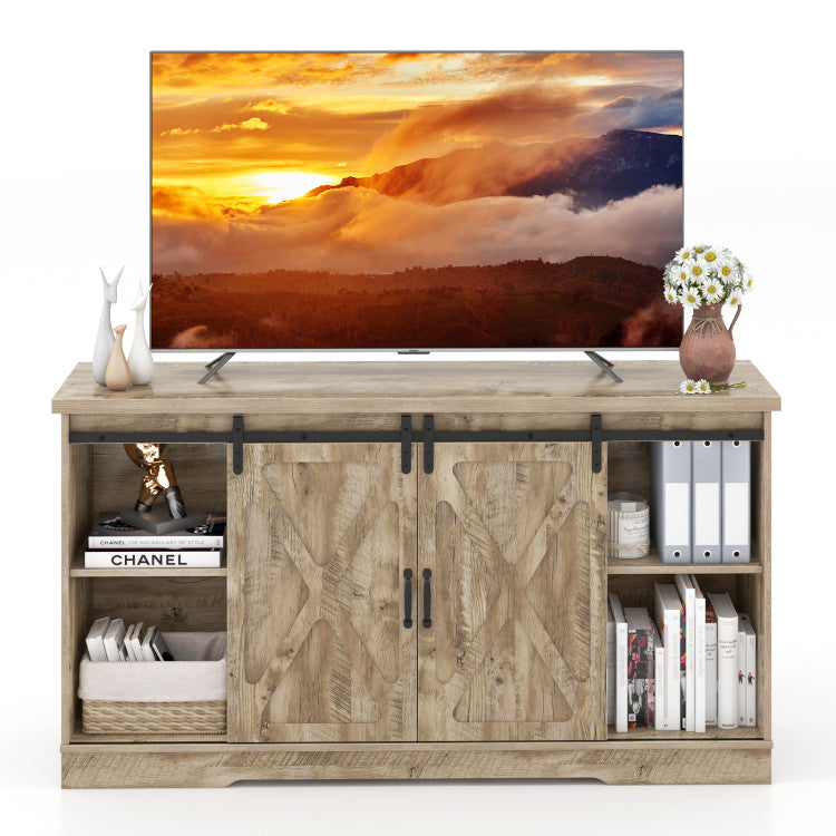 Farmhouse Entertainment Center with Adjustable Shelves and Storage Cabinet
