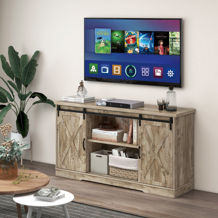 Farmhouse Entertainment Center with Adjustable Shelves and Storage Cabinet