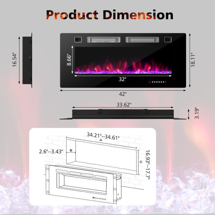 Ultra-Thin Electric Fireplace with Decorative Crystals