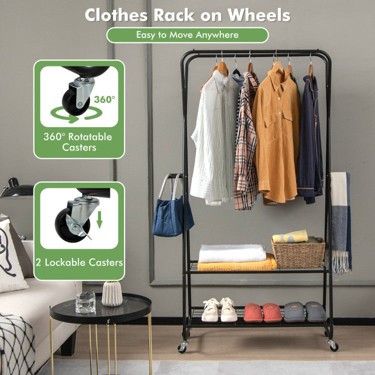 Heavy-Duty Clothes Rack on Wheels with Shelves (Black)