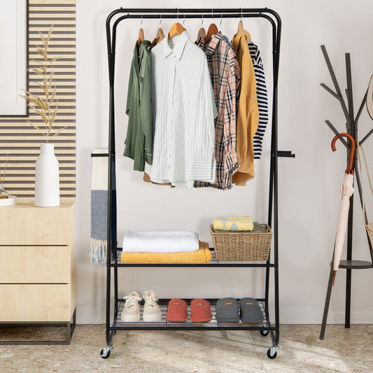 Heavy-Duty Clothes Rack on Wheels with Shelves (Black)