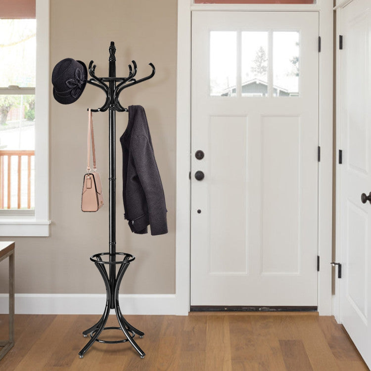 Wooden Standing Coat Rack Tree with 12 Hooks and Umbrella Stand