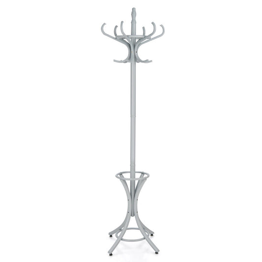 Wooden Standing Coat Rack Tree with 12 Hooks and Umbrella Stand