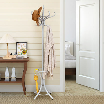 Wooden Standing Coat Rack Tree with 12 Hooks and Umbrella Stand