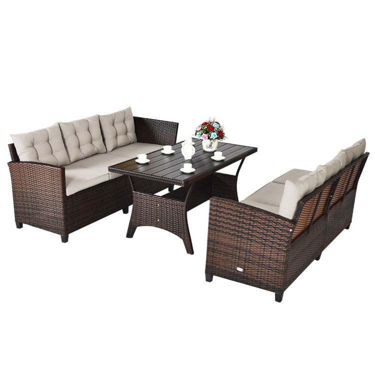 3 Piece Hand-Woven Rattan Outdoor Sofa Set with Dining Table