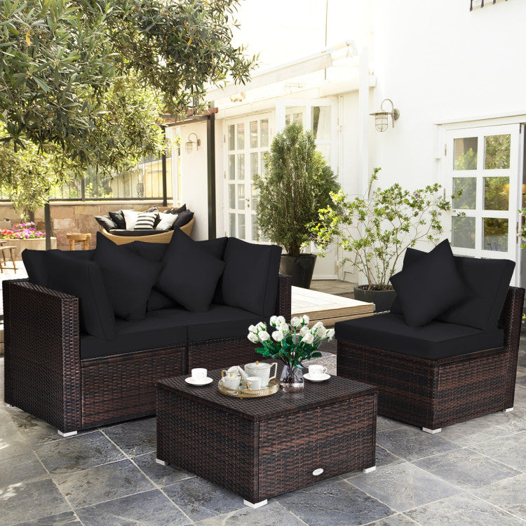 4 Piece Patio Rattan Furniture Set with Removable Cushions and Pillows