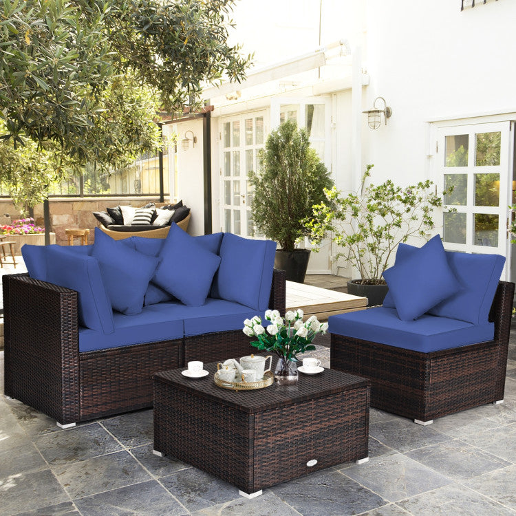 4 Piece Patio Rattan Furniture Set with Removable Cushions and Pillows