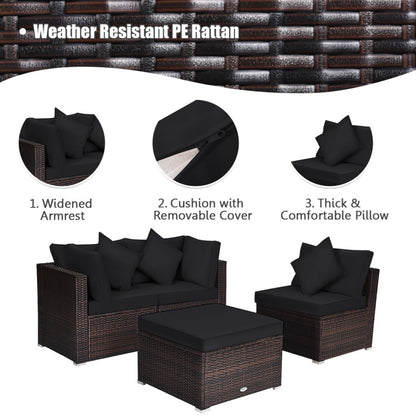 4 Piece Patio Rattan Furniture Set with Removable Cushions and Pillows