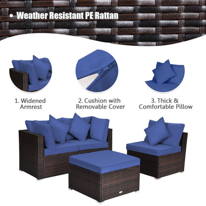 4 Piece Patio Rattan Furniture Set with Removable Cushions and Pillows