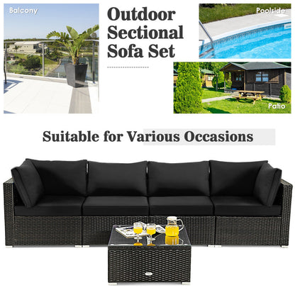 5 Piece Cushioned Patio Rattan Furniture Set with Glass Table