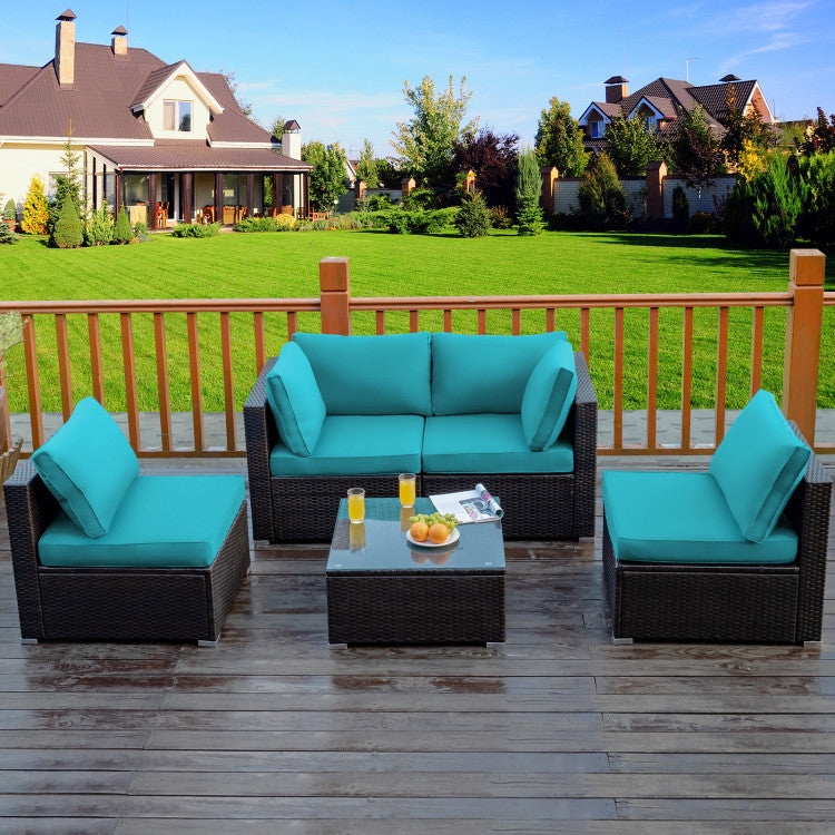 5 Piece Cushioned Patio Rattan Furniture Set with Glass Table