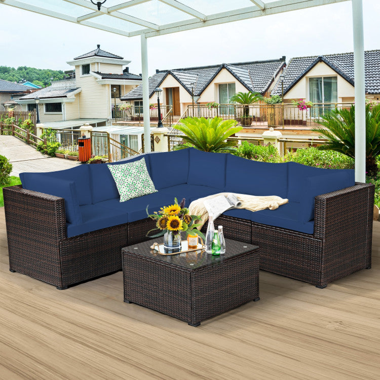 6 Piece Rattan Patio Sectional Sofa Set with Cushions for 4-5 Persons