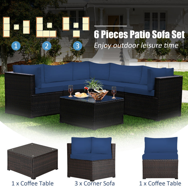 6 Piece Rattan Patio Sectional Sofa Set with Cushions for 4-5 Persons