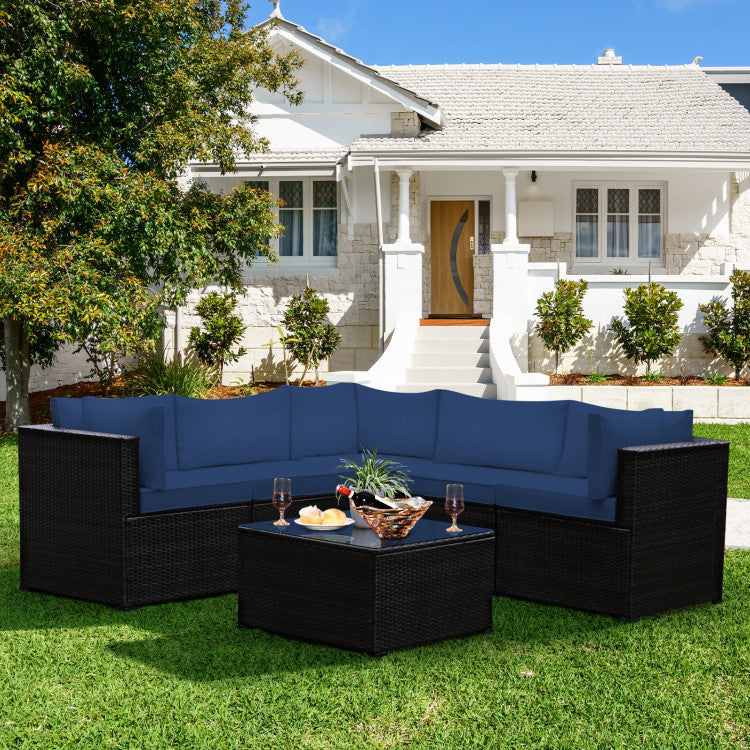 6 Piece Rattan Patio Sectional Sofa Set with Cushions for 4-5 Persons