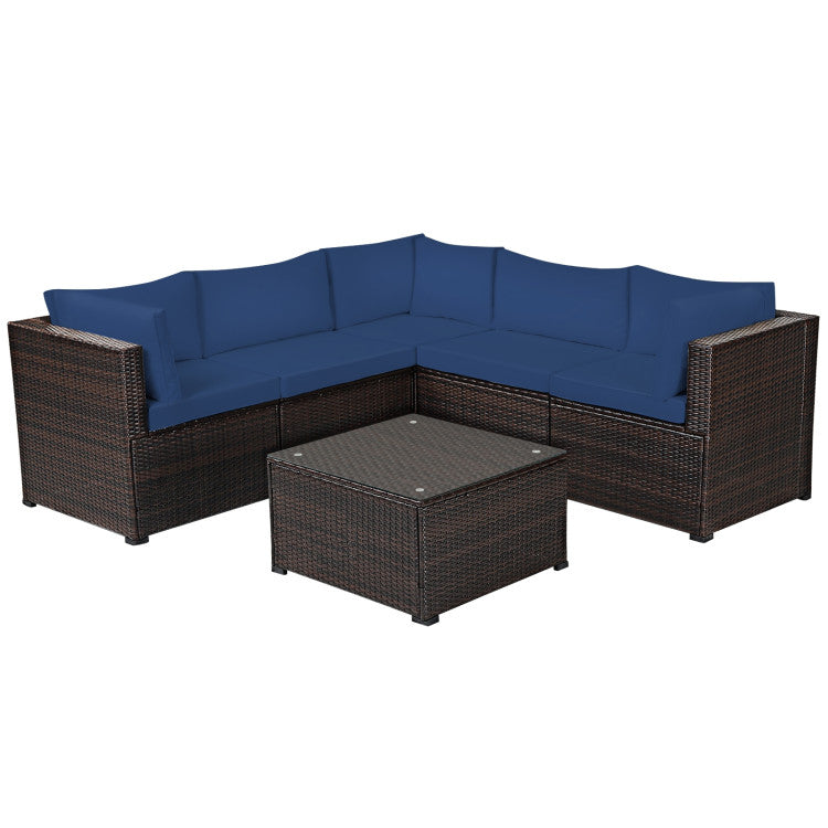 6 Piece Rattan Patio Sectional Sofa Set with Cushions for 4-5 Persons