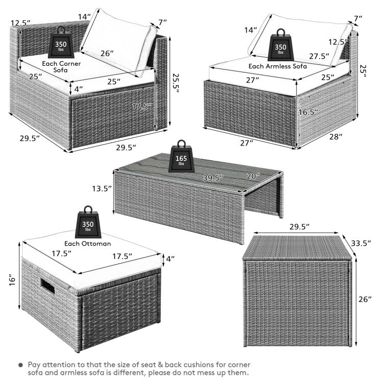 8-Piece Patio Cushioned Rattan Furniture Set with Storage and Waterproof Cover