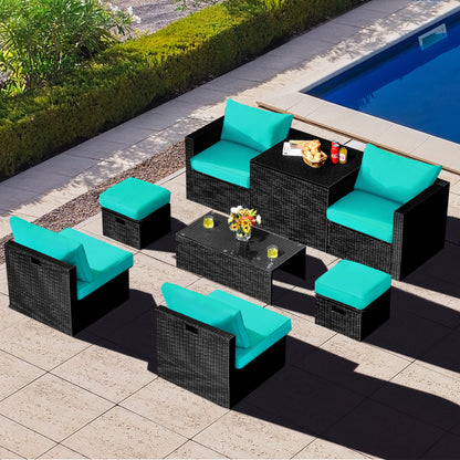 8-Piece Patio Furniture Set with Storage Box and Waterproof Cover