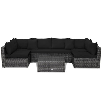 7-Piece Patio Rattan Furniture Set with Sectional Cushioned Sofa