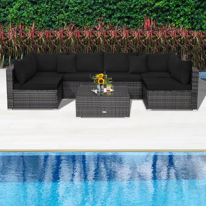 7-Piece Patio Rattan Furniture Set with Sectional Cushioned Sofa