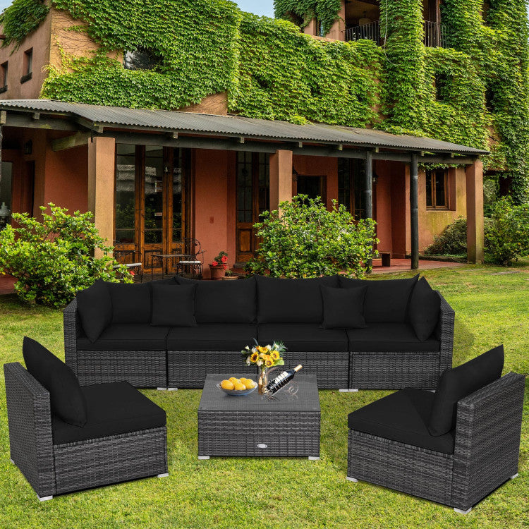 7-Piece Patio Rattan Furniture Set with Sectional Cushioned Sofa