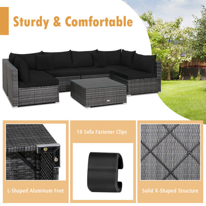 7-Piece Patio Rattan Furniture Set with Sectional Cushioned Sofa