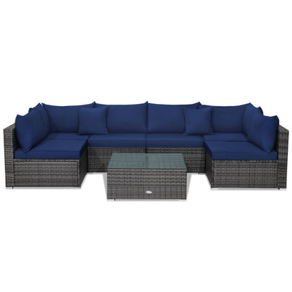 7-Piece Patio Rattan Furniture Set with Sectional Cushioned Sofa