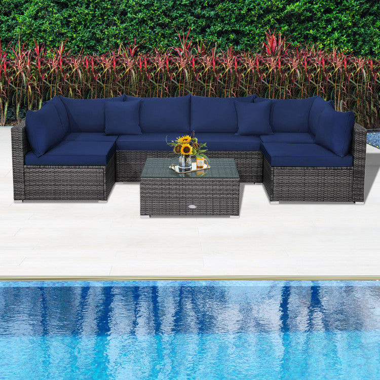 7-Piece Patio Rattan Furniture Set with Sectional Cushioned Sofa