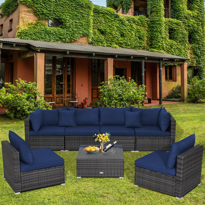 7-Piece Patio Rattan Furniture Set with Sectional Cushioned Sofa