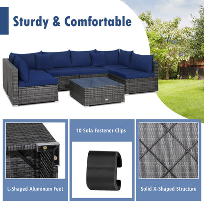 7-Piece Patio Rattan Furniture Set with Sectional Cushioned Sofa