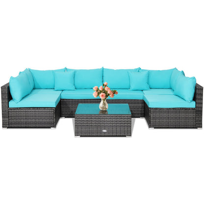 7-Piece Patio Rattan Furniture Set with Sectional Cushioned Sofa