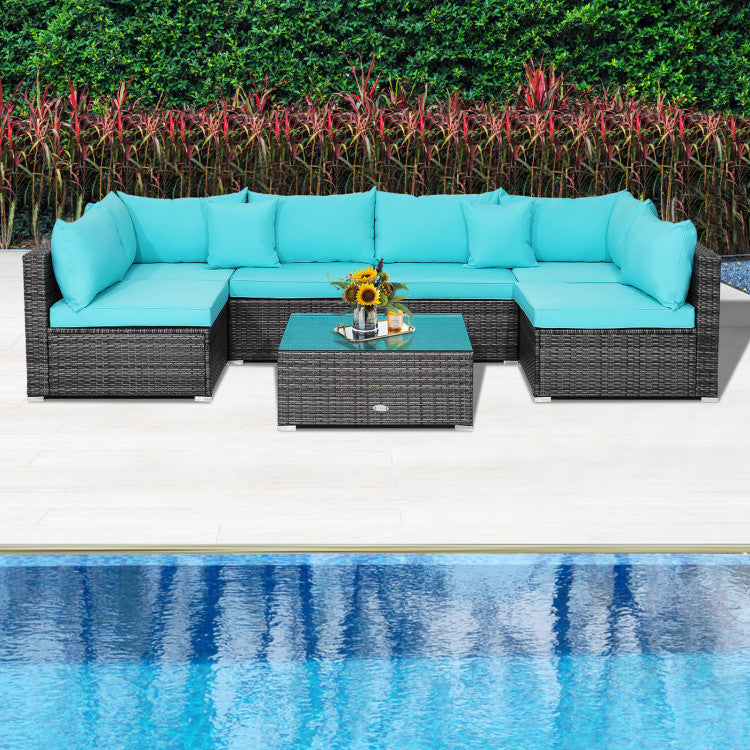 7-Piece Patio Rattan Furniture Set with Sectional Cushioned Sofa
