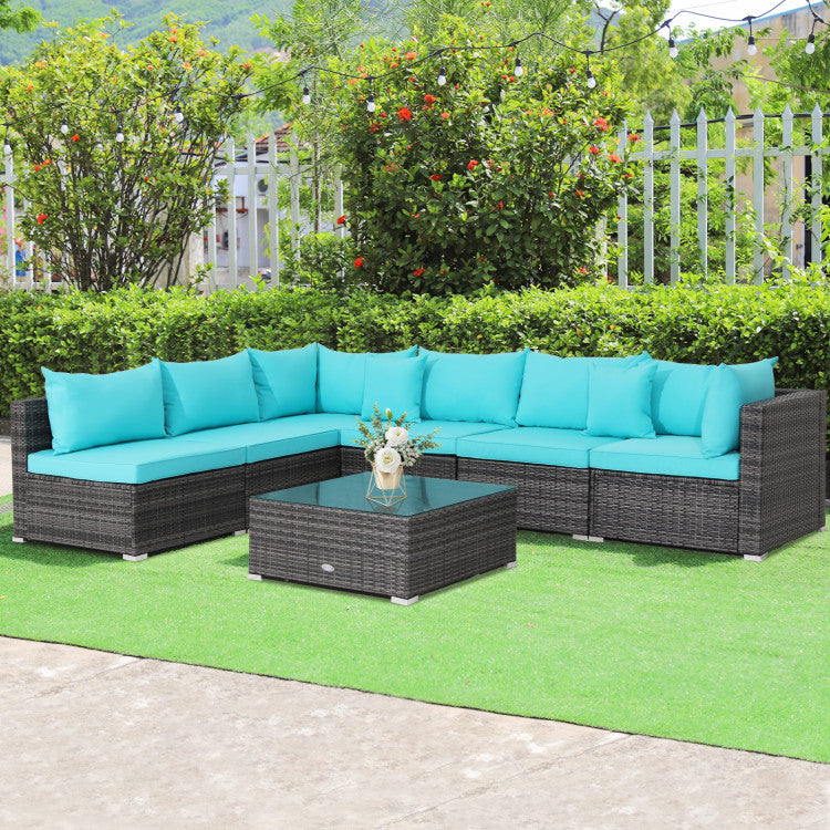 7-Piece Patio Rattan Furniture Set with Sectional Cushioned Sofa