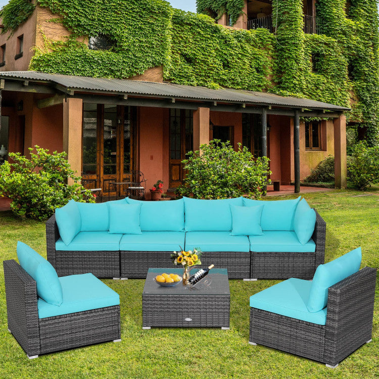 7-Piece Patio Rattan Furniture Set with Sectional Cushioned Sofa