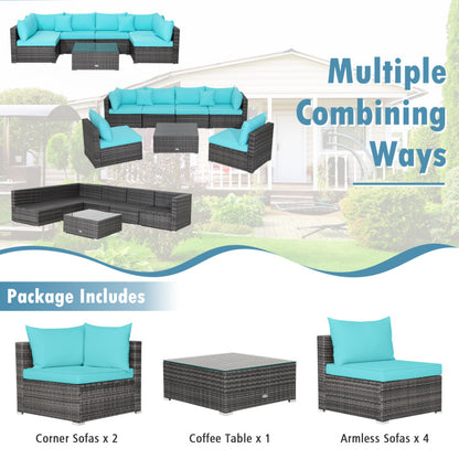 7-Piece Patio Rattan Furniture Set with Sectional Cushioned Sofa