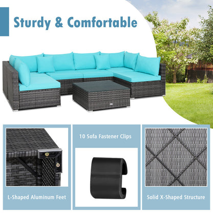 7-Piece Patio Rattan Furniture Set with Sectional Cushioned Sofa